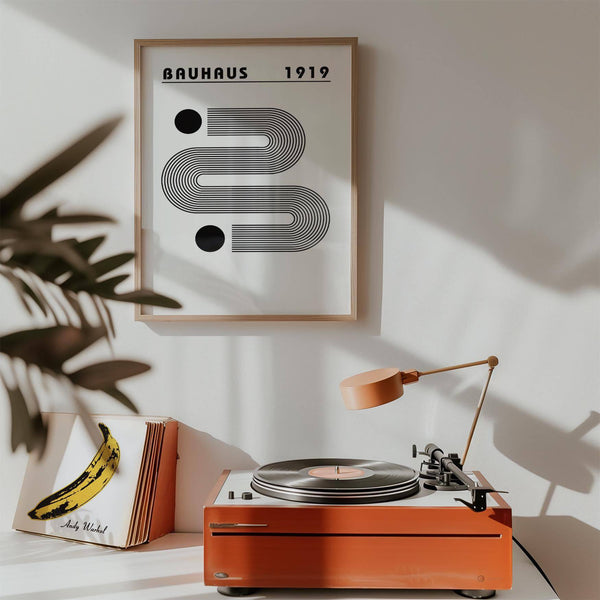 Bauhaus black and white minimalist art print for sleek workspaces