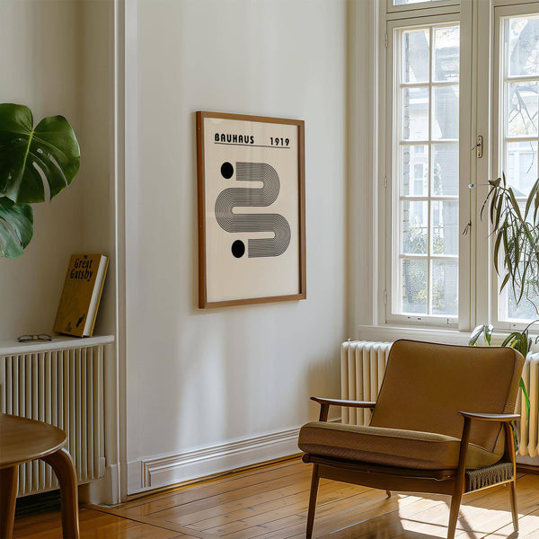 Abstract black and white minimalist art featuring structured line work