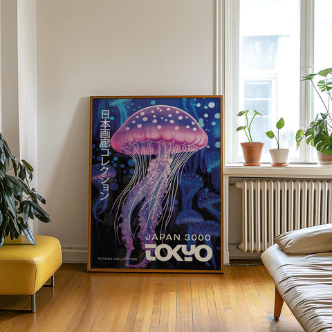 Tokyo-inspired Japanese wall art featuring glowing jellyfish