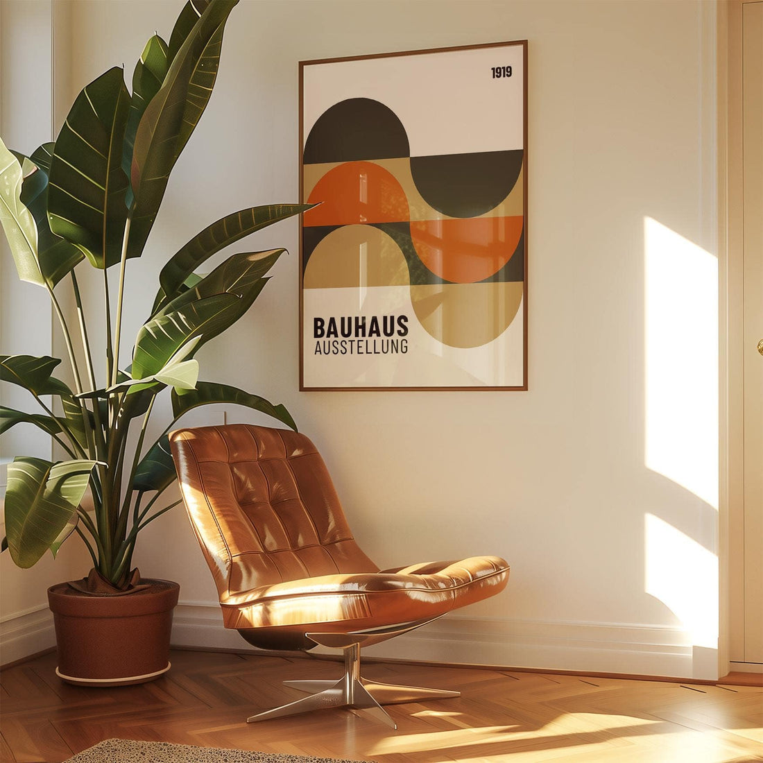Bauhaus exhibition poster of orange, charcoal and sand half circles above a tan leather swivel lounge chair beside a large potted plant
