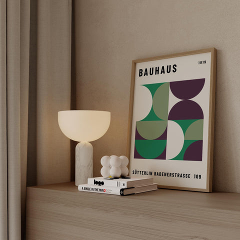 Retro Bauhaus wall art with green and purple shapes