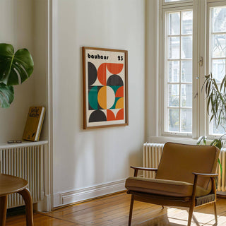 Abstract MCM wall art with orange, teal, and yellow tones