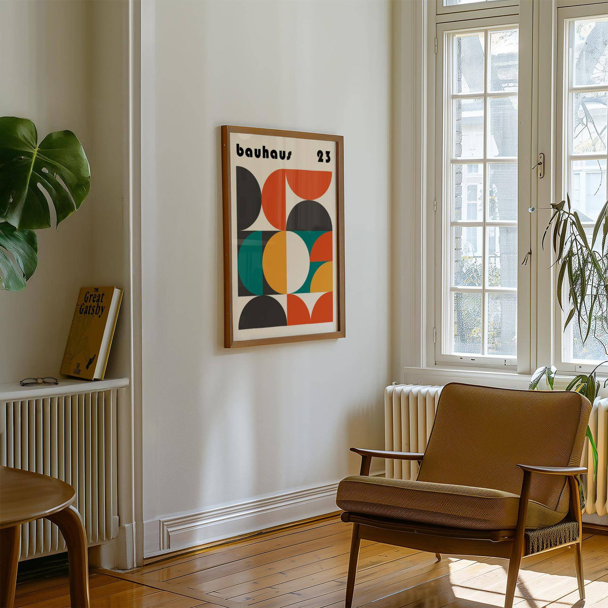 Abstract MCM wall art with orange, teal, and yellow tones