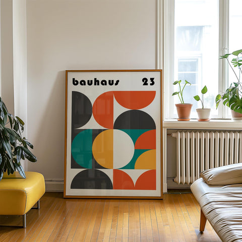 Retro Bauhaus wall art with bold colours and shapes