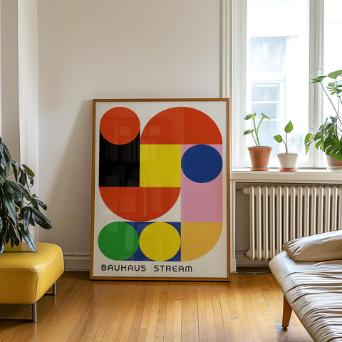 Abstract red, yellow, and blue geometric print inspired by Bauhaus design