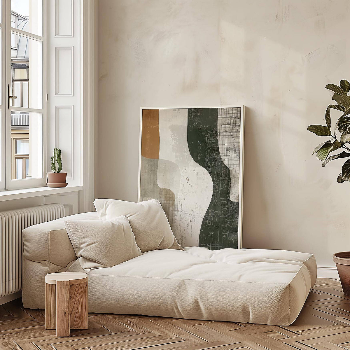 Natural-themed Wabi Sabi print featuring curved forms and rough texture

