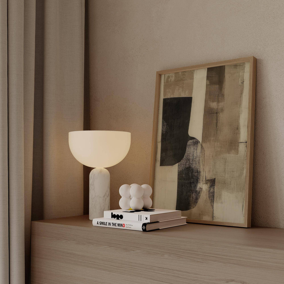 Cream wall art print with soft gradients and black accents for hallways

