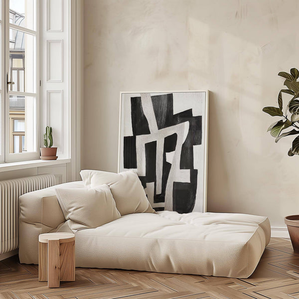 Japandi bedroom featuring calming wabi sabi home decor print