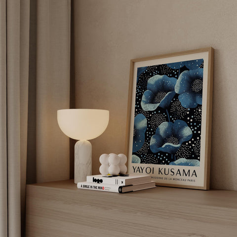 Yayoi Kusama floral art print in blue and black