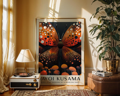 Yayoi Kusama style butterfly poster with dotted patterns