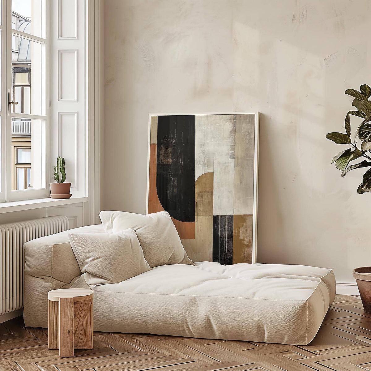 Japandi living room decorated with large wabi sabi wall art poster