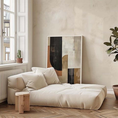 Minimalist wall decor with earthy tones and geometric shapes