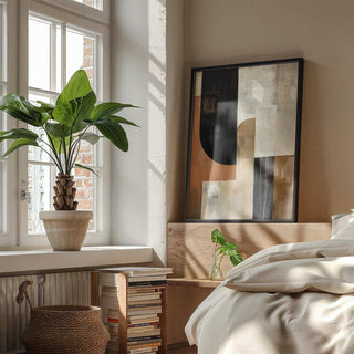 Bedroom with clean lines and warm-toned wabi sabi wall art