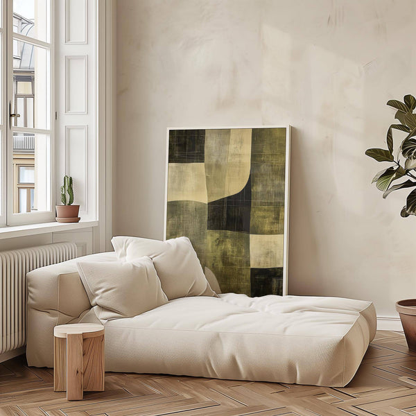 Bedroom interior with calming wabi sabi green abstract artwork