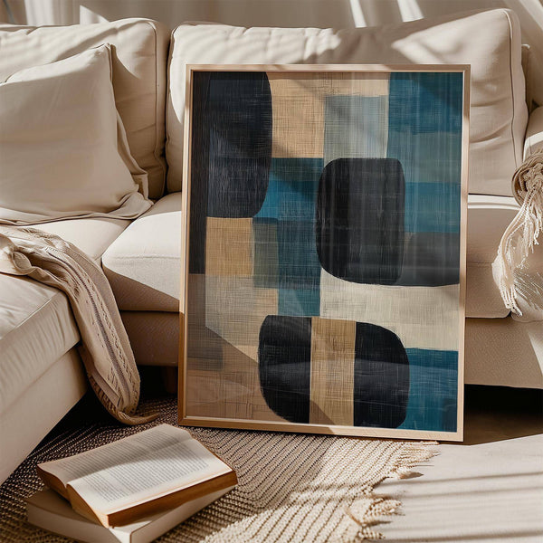 Beige and black organic shapes in modern abstract art prints for sale