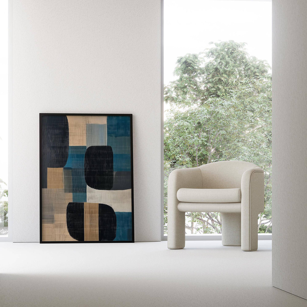 Living room accent wall styled with abstract art prints for sale poster