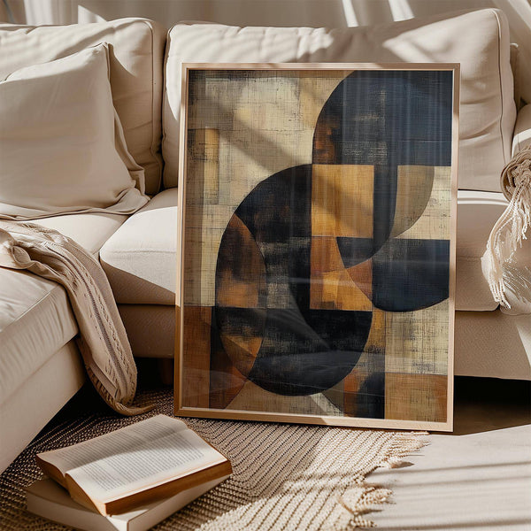 Sunset-inspired shapes featured in brown abstract wall art poster
