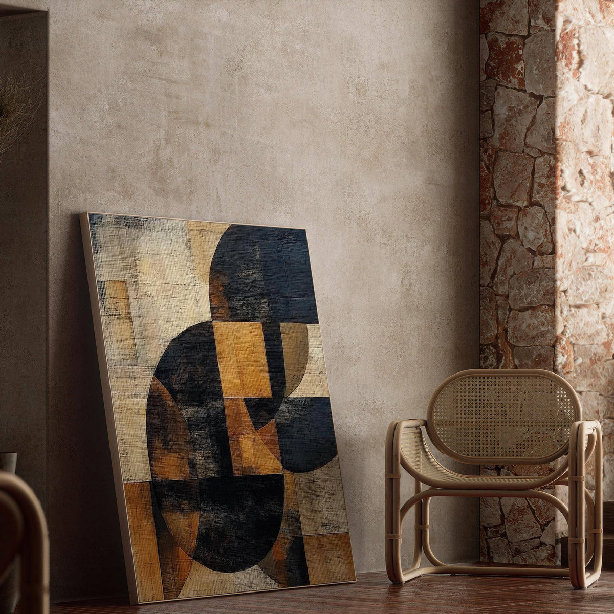 Calming geometric composition in natural-toned brown abstract wall art