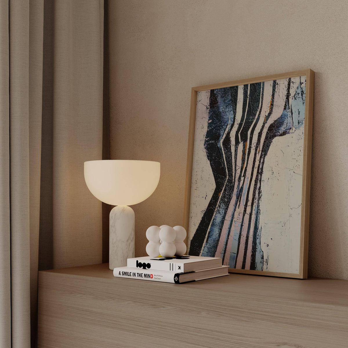 Statement wall featuring modern wabi sabi art with bold colours