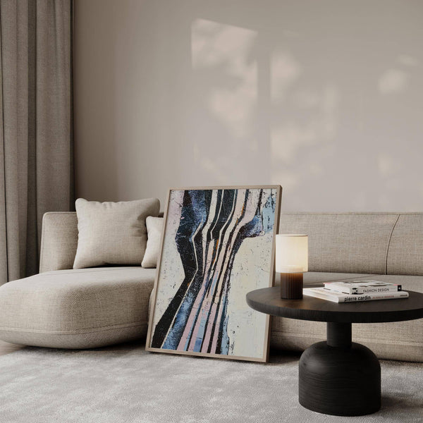 Living room styled with dynamic stripe-based wabi sabi art piece