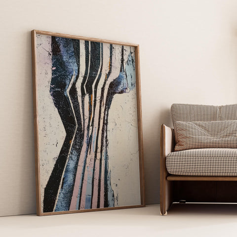 Strata Lines abstract wall art in black, blue, and pink