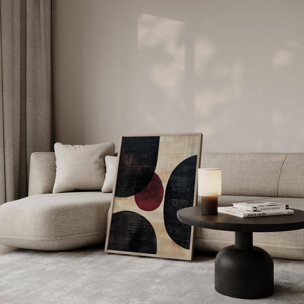 Balanced wall art abstract featuring bold earth tones and vivid red