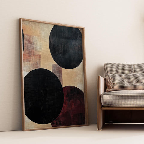 Bold Circles wall art with black and red on beige