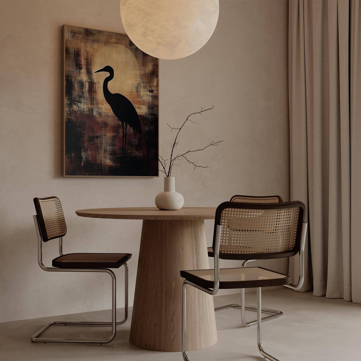 Large heron wall art with elegant silhouette against the moon