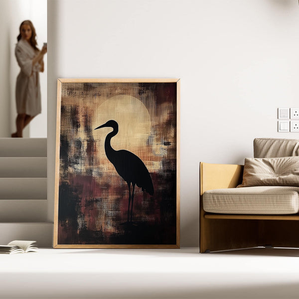 Minimalist large heron wall art with warm textured background