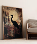 Japanese heron silhouette wall art with Wabi Sabi influence