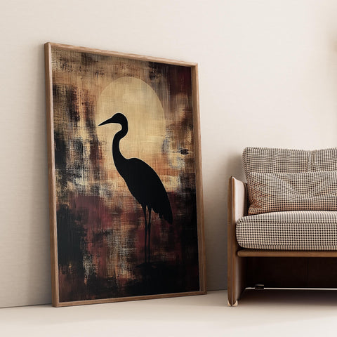 Japanese heron silhouette wall art with Wabi Sabi influence