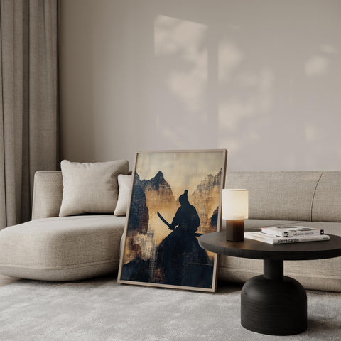 Serene samurai and mountain wall art for living room decor