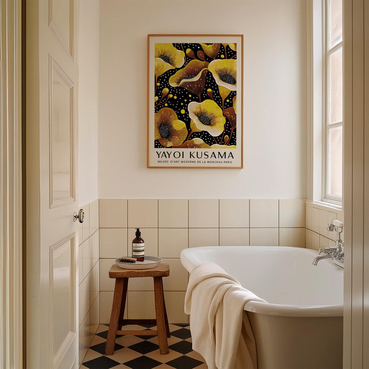 unique yellow wall decor with Kusama-inspired dots
