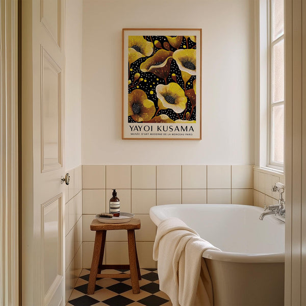 unique yellow wall decor with Kusama-inspired dots