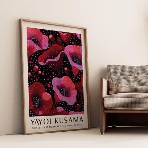 Red and pink floral wall art inspired by Kusama