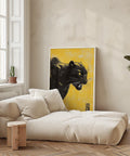 Japandi style black panther wall art on yellow background