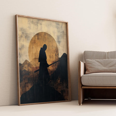 Japanese samurai silhouette wall art with Wabi Sabi influence