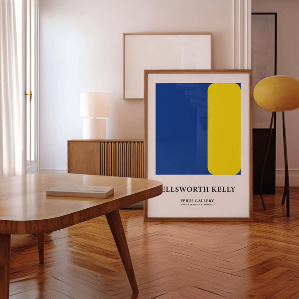Clean-line minimalist art print with yellow and blue palette for home decor