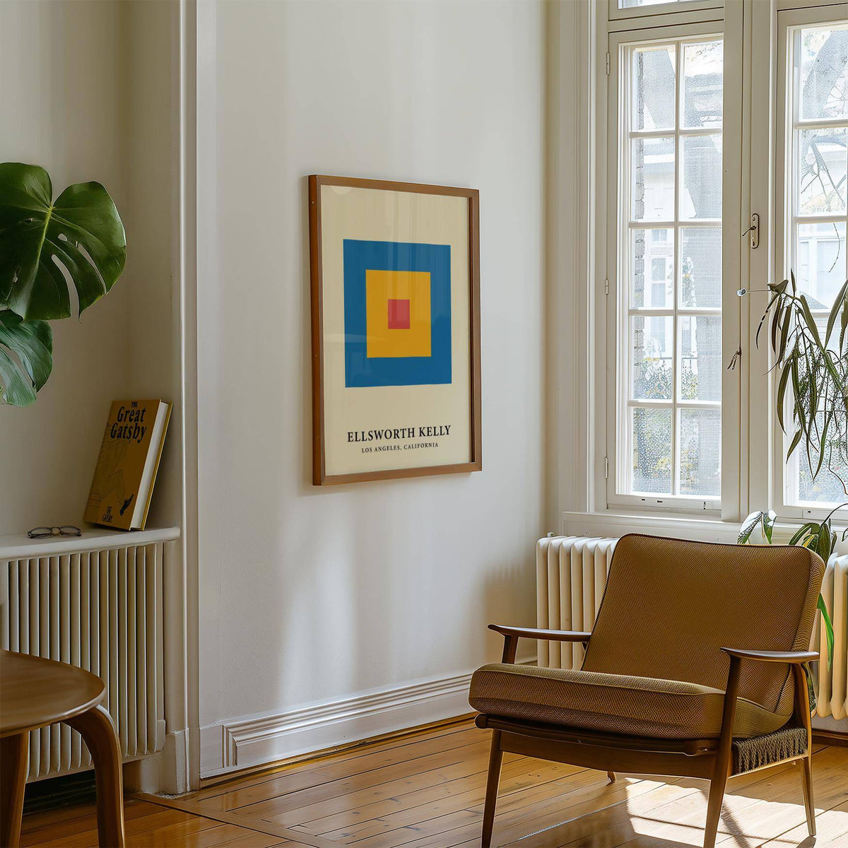Living room decorated with colorful minimalist art poster