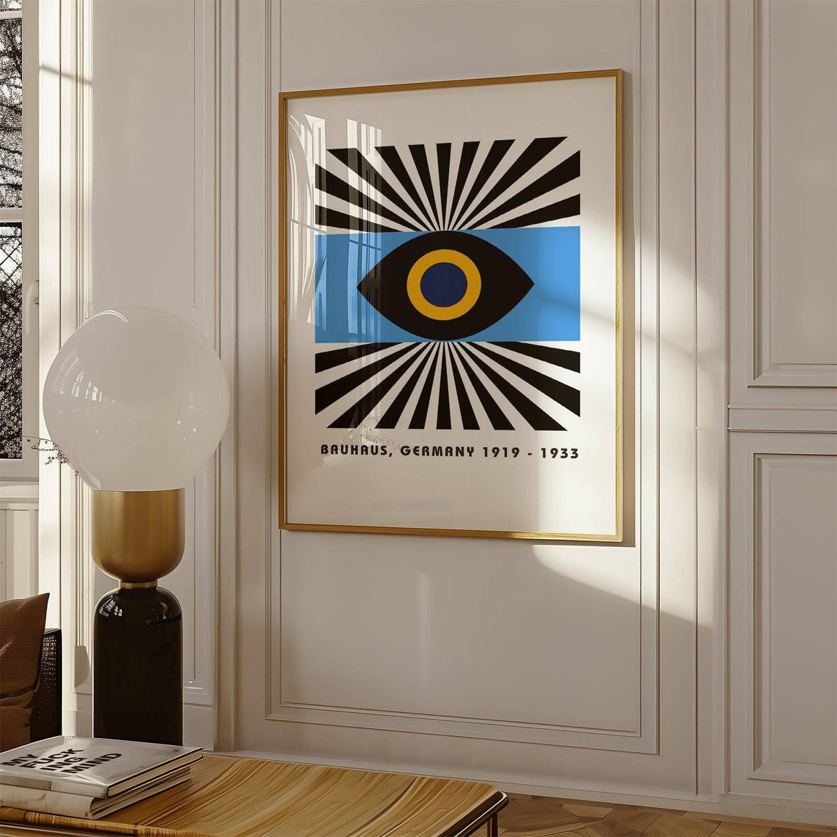 Black and yellow eye motif in modern art geometric wall poster