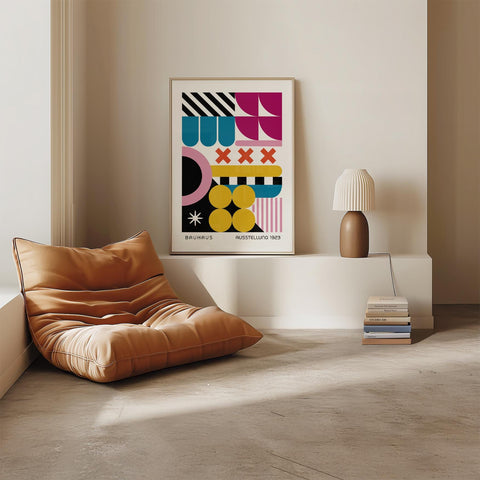 Modern Bauhaus wall art with vibrant shapes