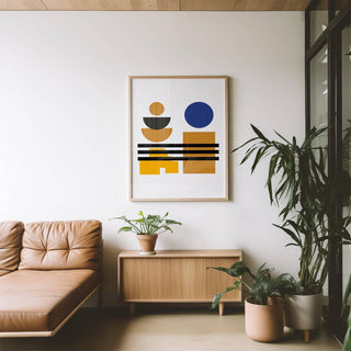 Timeless blue and brown wall art in mid-century tones for office walls