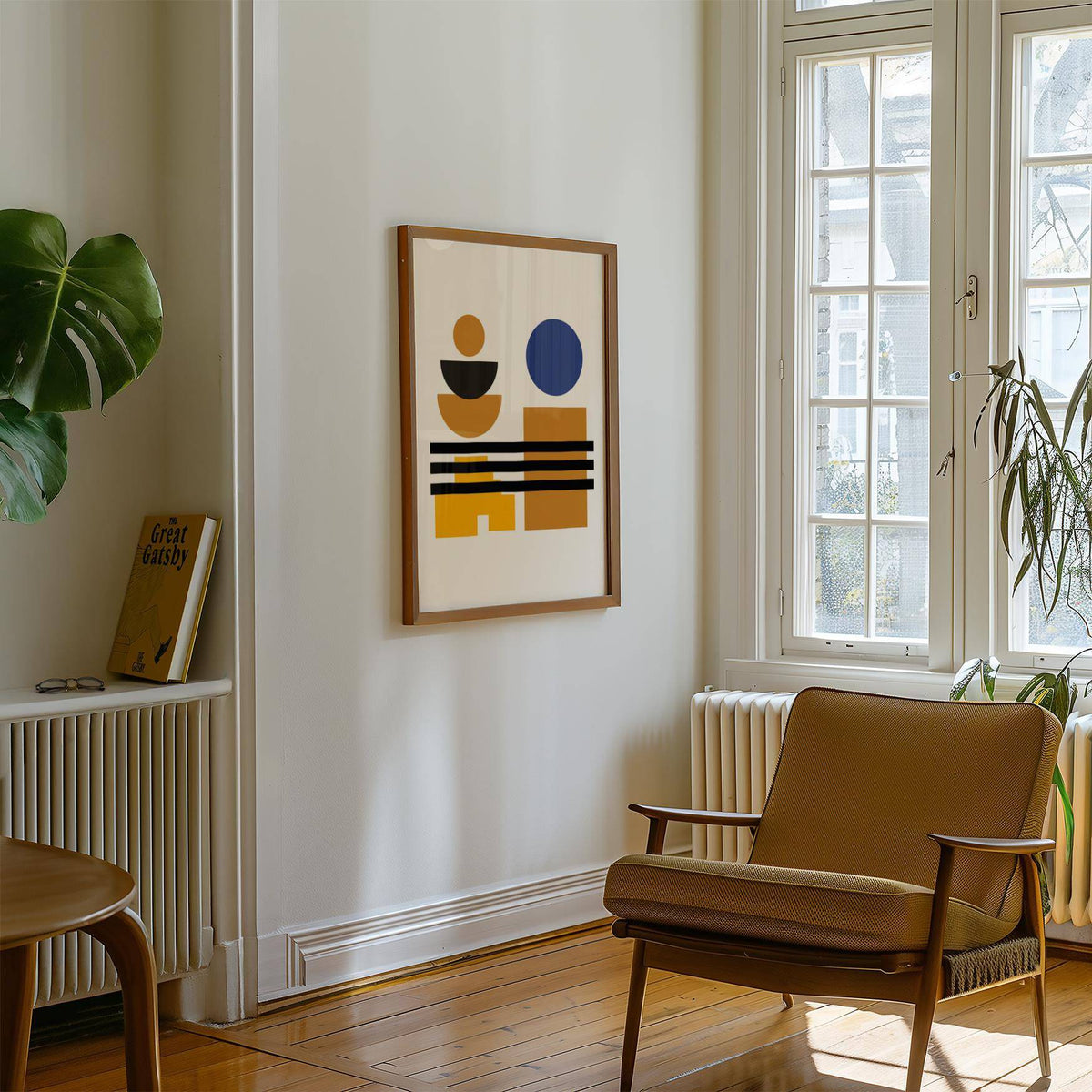 Sophisticated blue and brown wall art print perfect for vintage interiors