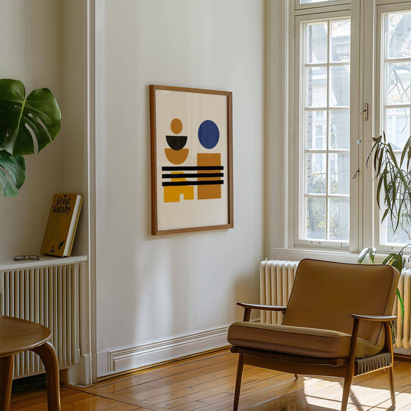 Sophisticated blue and brown wall art print perfect for vintage interiors