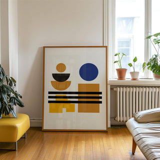 Bauhaus-inspired blue and brown wall art for contemporary studies