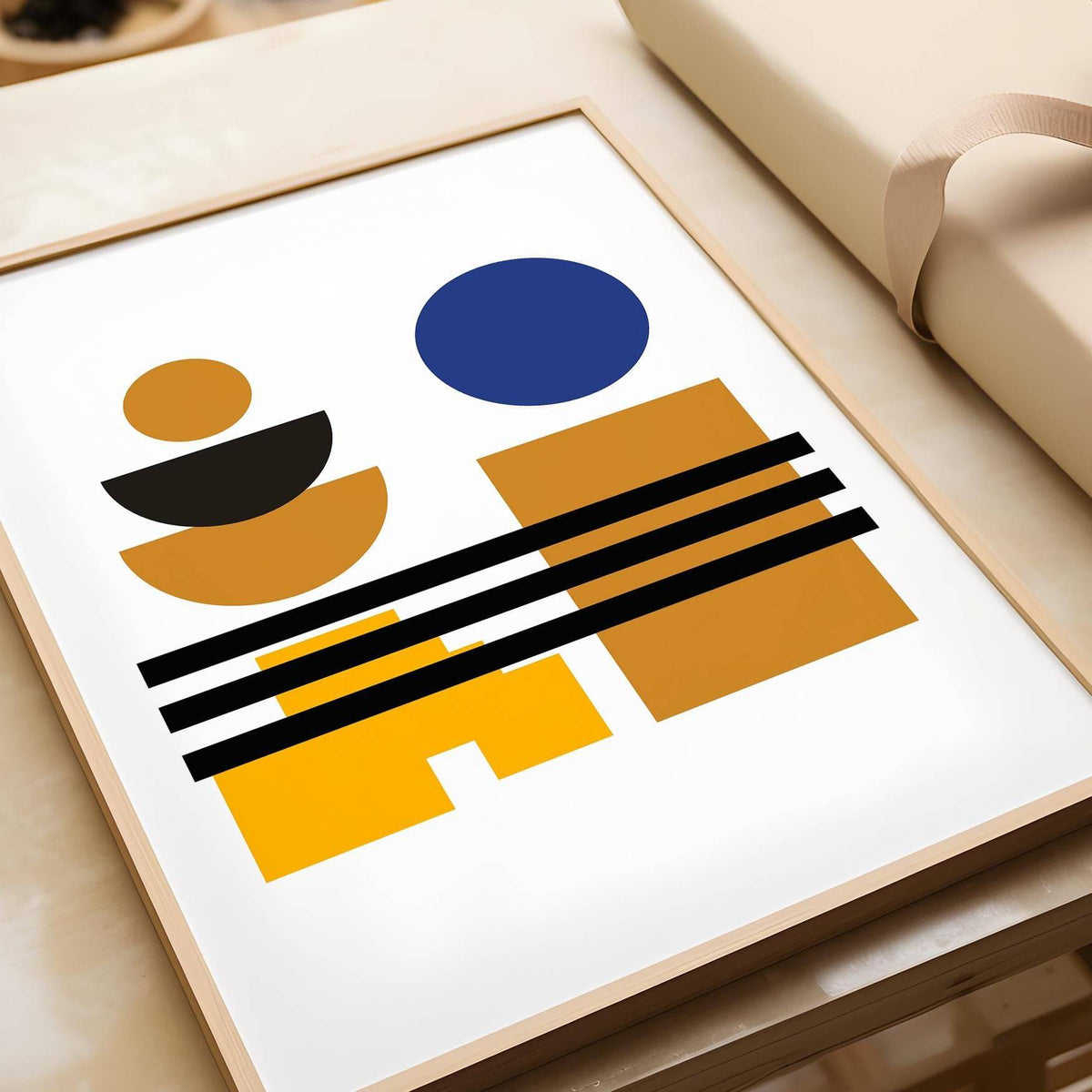 Minimalist blue and brown wall art with subtle retro influence