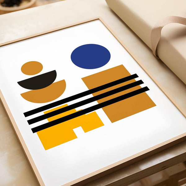 Minimalist blue and brown wall art with subtle retro influence