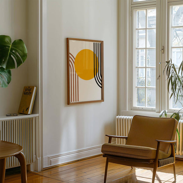 Bauhaus sun print in yellow, black, and brown tones