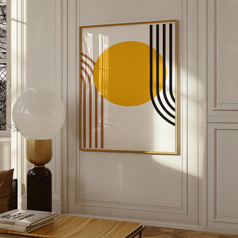 Modern wall decor with yellow circle and lines