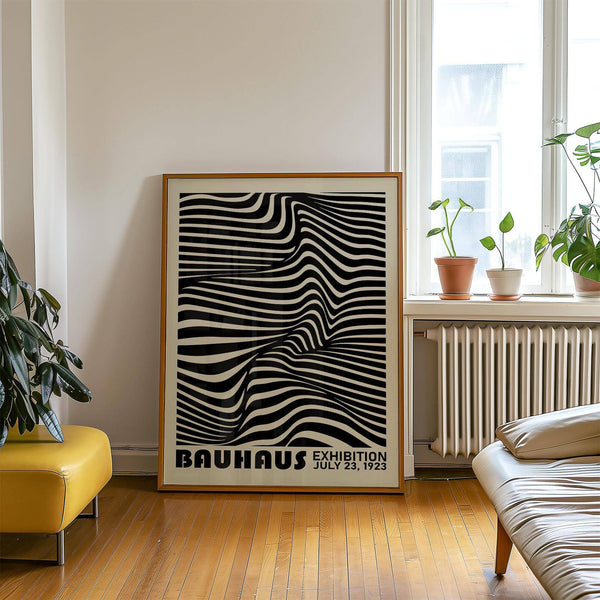 Framed Bauhaus stripes print styled as black minimalist wall art
